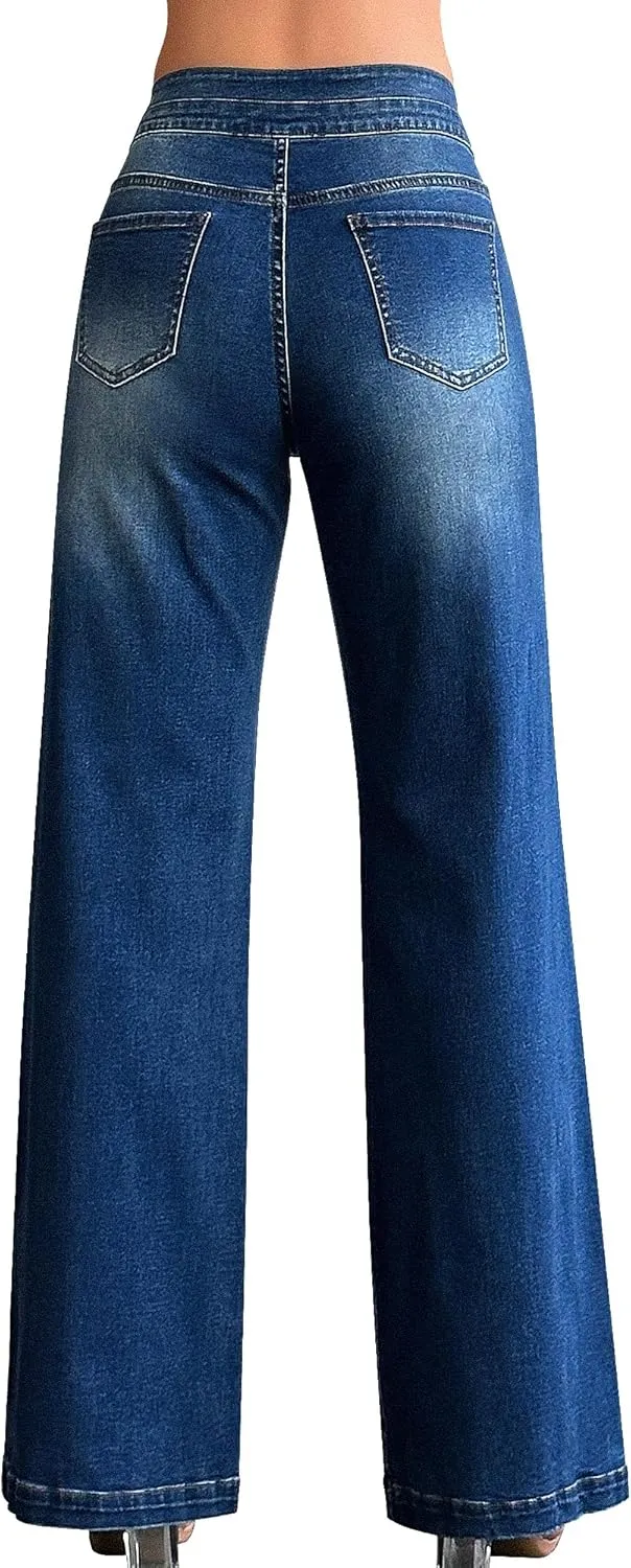 roswear Womens Casual Distressed High Waisted Denim Pants Stretch Baggy Loose Wide Leg Jeans