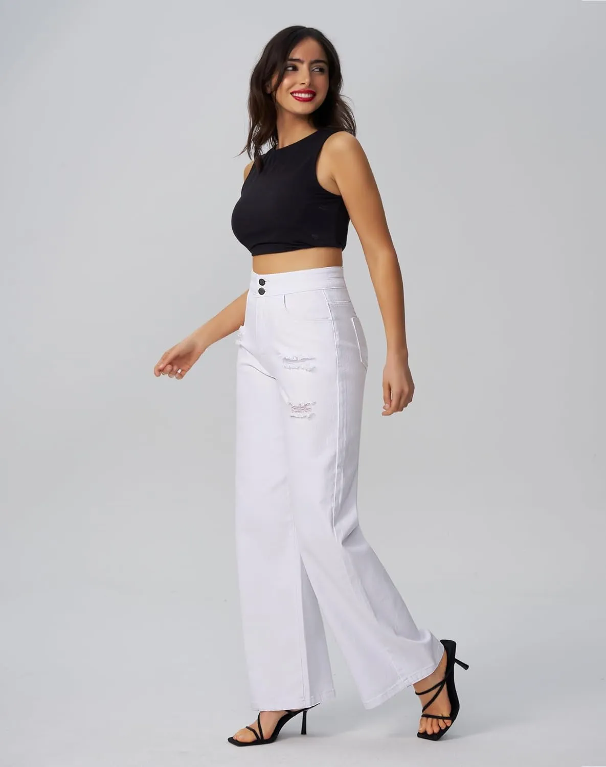 roswear Womens Casual Distressed High Waisted Denim Pants Stretch Baggy Loose Wide Leg Jeans