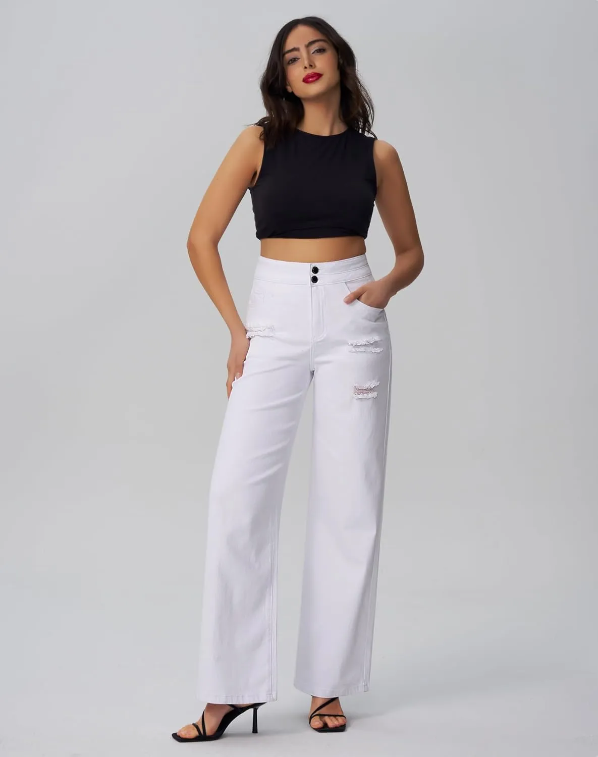 roswear Womens Casual Distressed High Waisted Denim Pants Stretch Baggy Loose Wide Leg Jeans