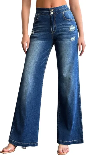 roswear Womens Casual Distressed High Waisted Denim Pants Stretch Baggy Loose Wide Leg Jeans