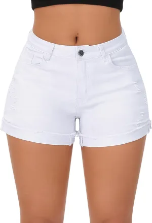 roswear Womens Mid Rise Stretchy Ripped Cuffed Denim Jean Shorts