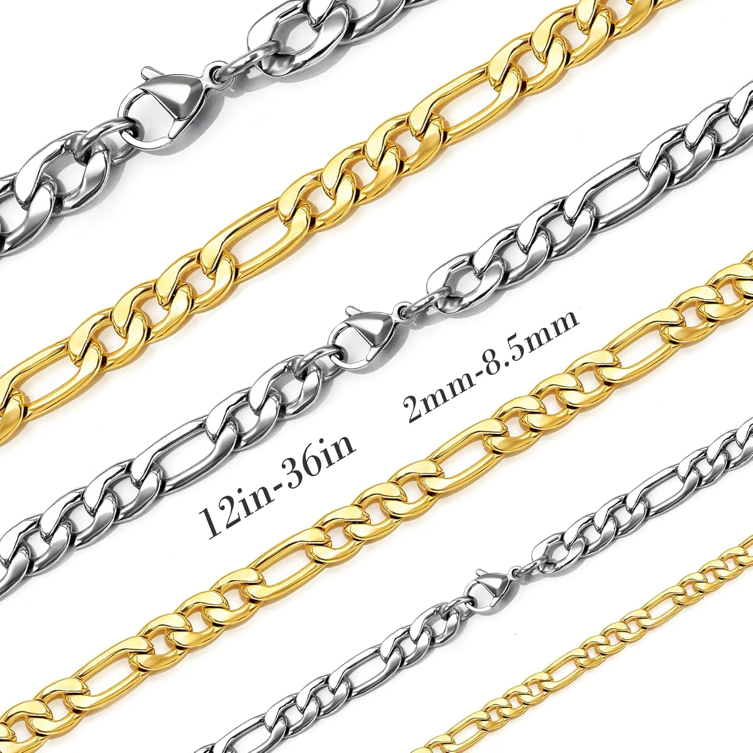 SANNYRA Figaro Chain for Men, Mens Chains Necklaces, Stainless Steel 2-8.5mm 12-36inches 18K Gold Plated Silver Plated Necklace for Women