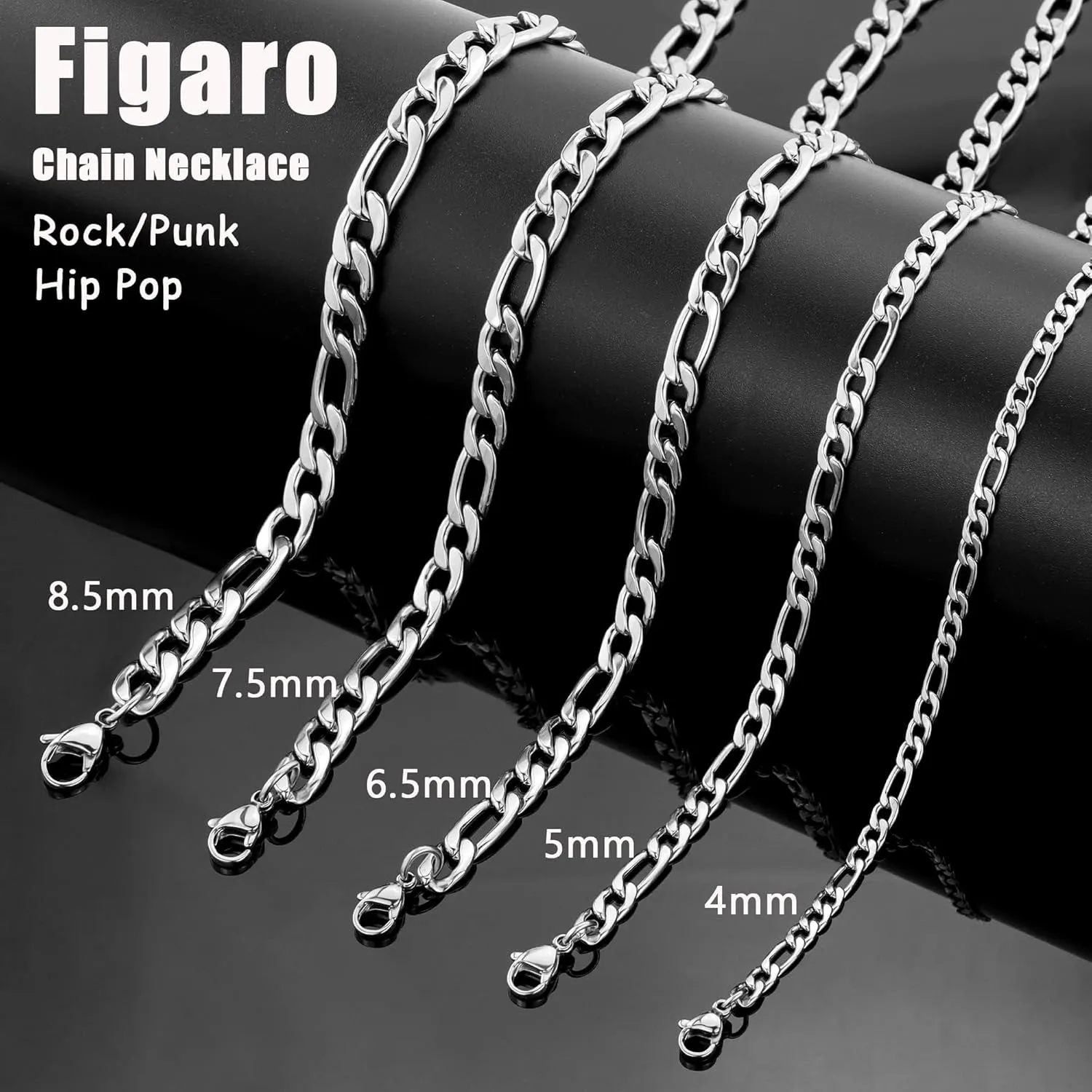 SANNYRA Figaro Chain for Men, Mens Chains Necklaces, Stainless Steel 2-8.5mm 12-36inches 18K Gold Plated Silver Plated Necklace for Women