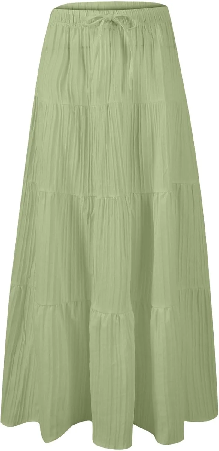 Skirt for Women Pleated Ruffled Tiered Maxi Length Skorts Drawstring Loose Stretchy High Waist Basic Casual 2025 Y2K