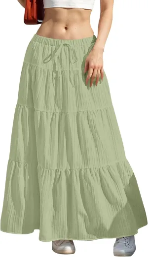 Skirt for Women Pleated Ruffled Tiered Maxi Length Skorts Drawstring Loose Stretchy High Waist Basic Casual 2025 Y2K