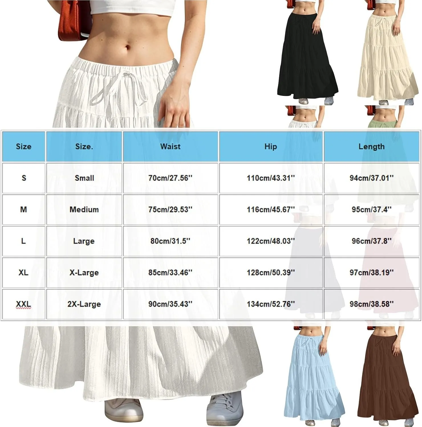 Skirt for Women Pleated Ruffled Tiered Maxi Length Skorts Drawstring Loose Stretchy High Waist Basic Casual 2025 Y2K