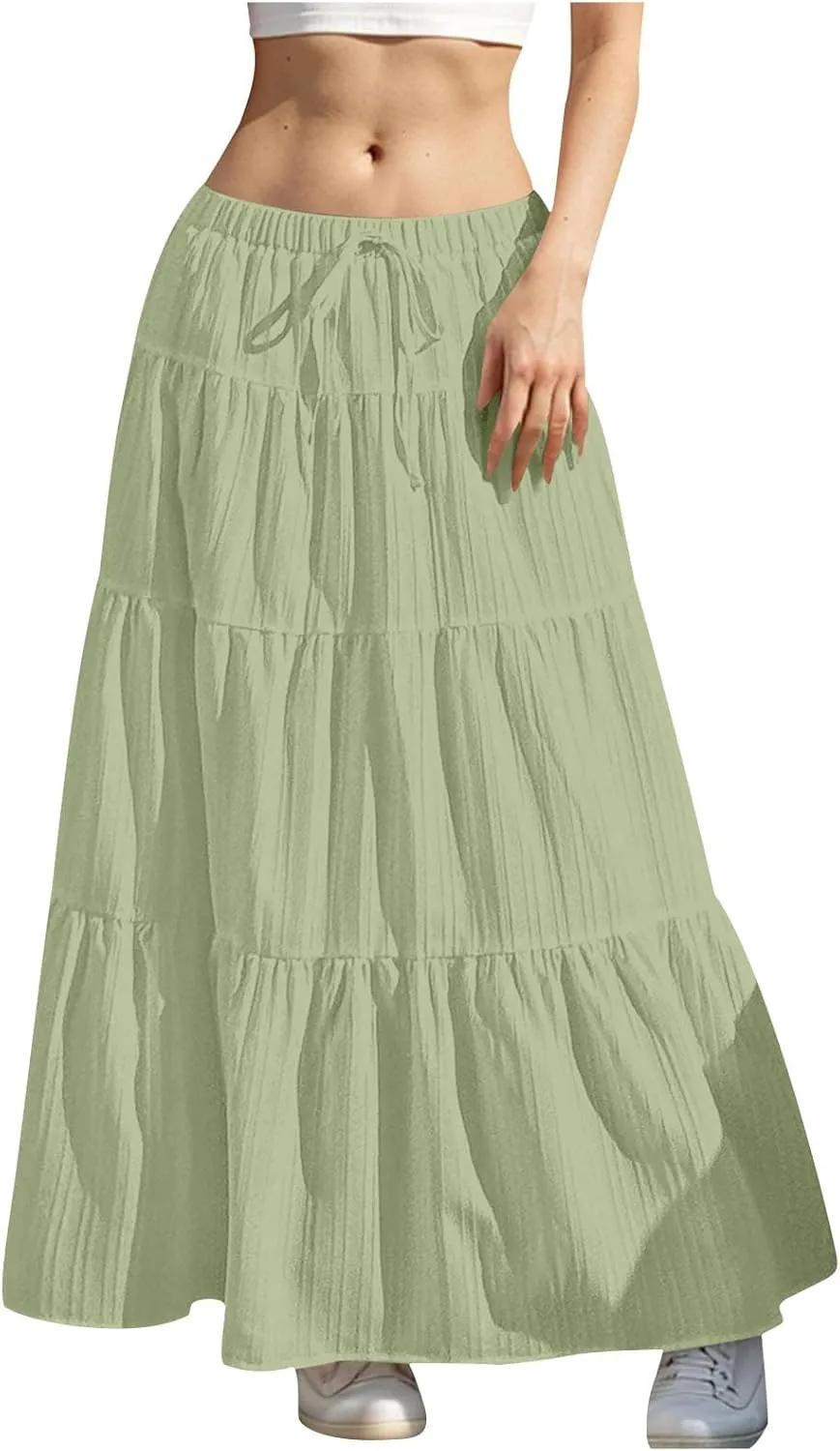 Skirt for Women Pleated Ruffled Tiered Maxi Length Skorts Drawstring Loose Stretchy High Waist Basic Casual 2025 Y2K