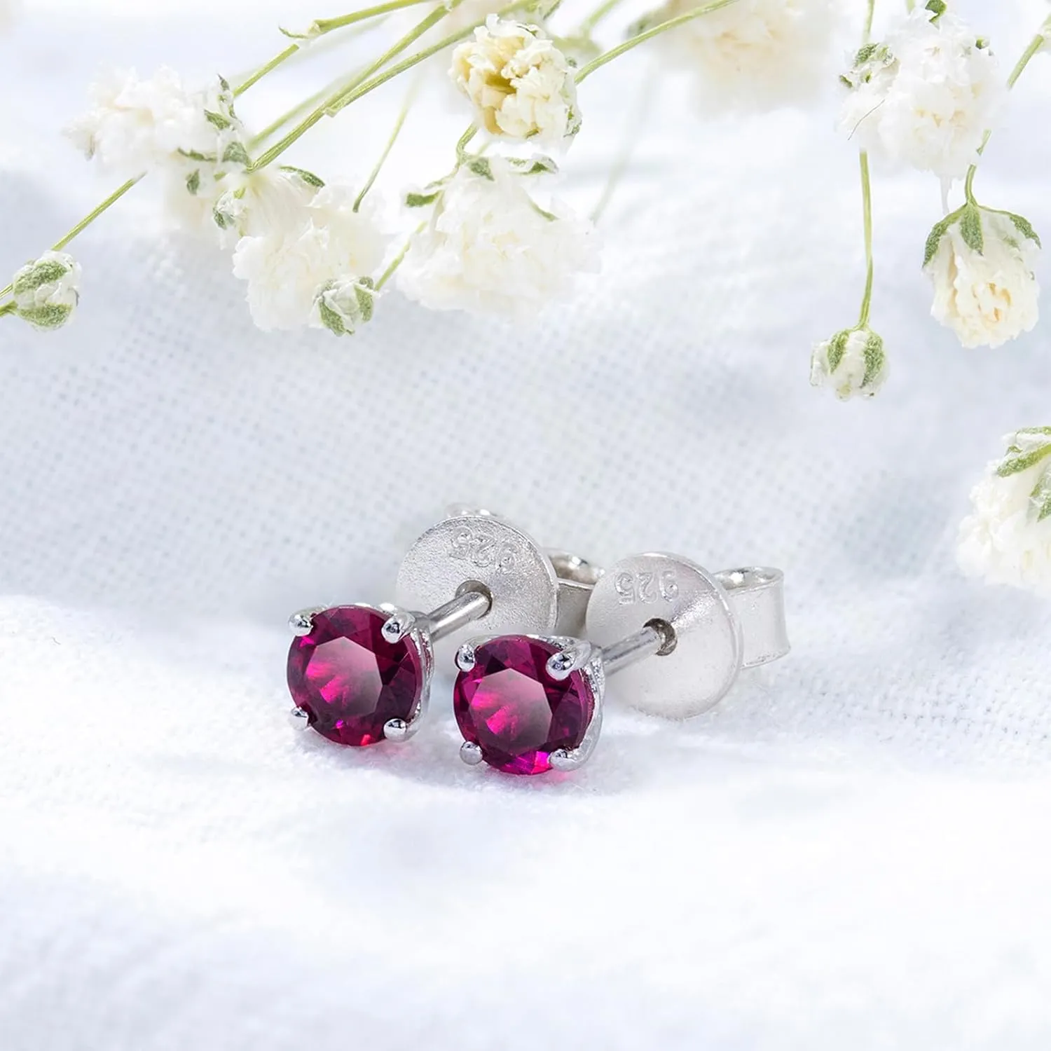 Small Stud Earrings for Women S925 Sterling Silver Round Cut 4x4mm Natural Gemstone Birthstone Studs Rhodium Plated Simple Classic Style Fine Jewelry for Birthday
