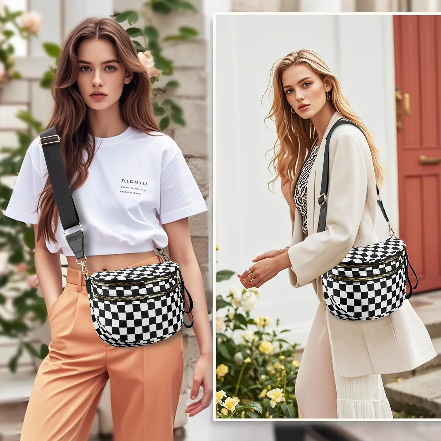 Spacious Checkered Crossbody Bum BagNylon Crossbody Bag with Adjustable Strap for WomenCheckered Purse, Fanny Pack
