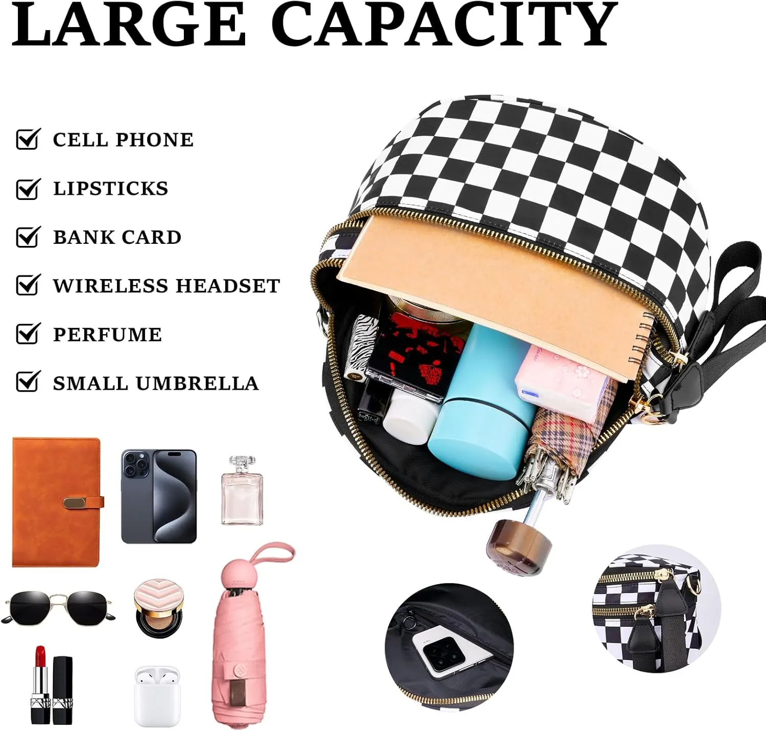 Spacious Checkered Crossbody Bum BagNylon Crossbody Bag with Adjustable Strap for WomenCheckered Purse, Fanny Pack