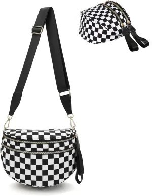 Spacious Checkered Crossbody Bum BagNylon Crossbody Bag with Adjustable Strap for WomenCheckered Purse, Fanny Pack