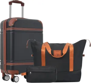 Spacious Hardshell Luggage Set with Travel Bags, Durable 20-inch Suitcase with Double Spinner Wheels, Black