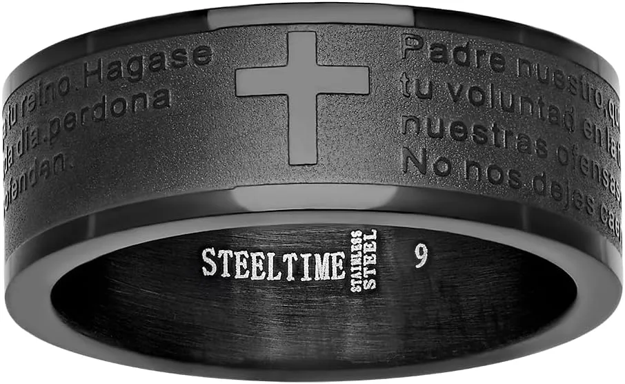 Steeltime Classic Stainless Steel Lords Prayer Ring Band in English or Spanish our father- Padre Nuestro