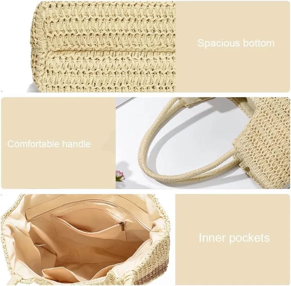 Straw Beach Bags for Women Woven Beach Tote Bag Casual Boho Large Shoulder Handbags Purse for Vacation Holiday