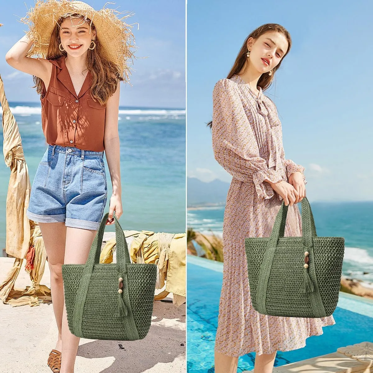 Straw Beach Bags for Women Woven Beach Tote Bag Casual Boho Large Shoulder Handbags Purse for Vacation Holiday
