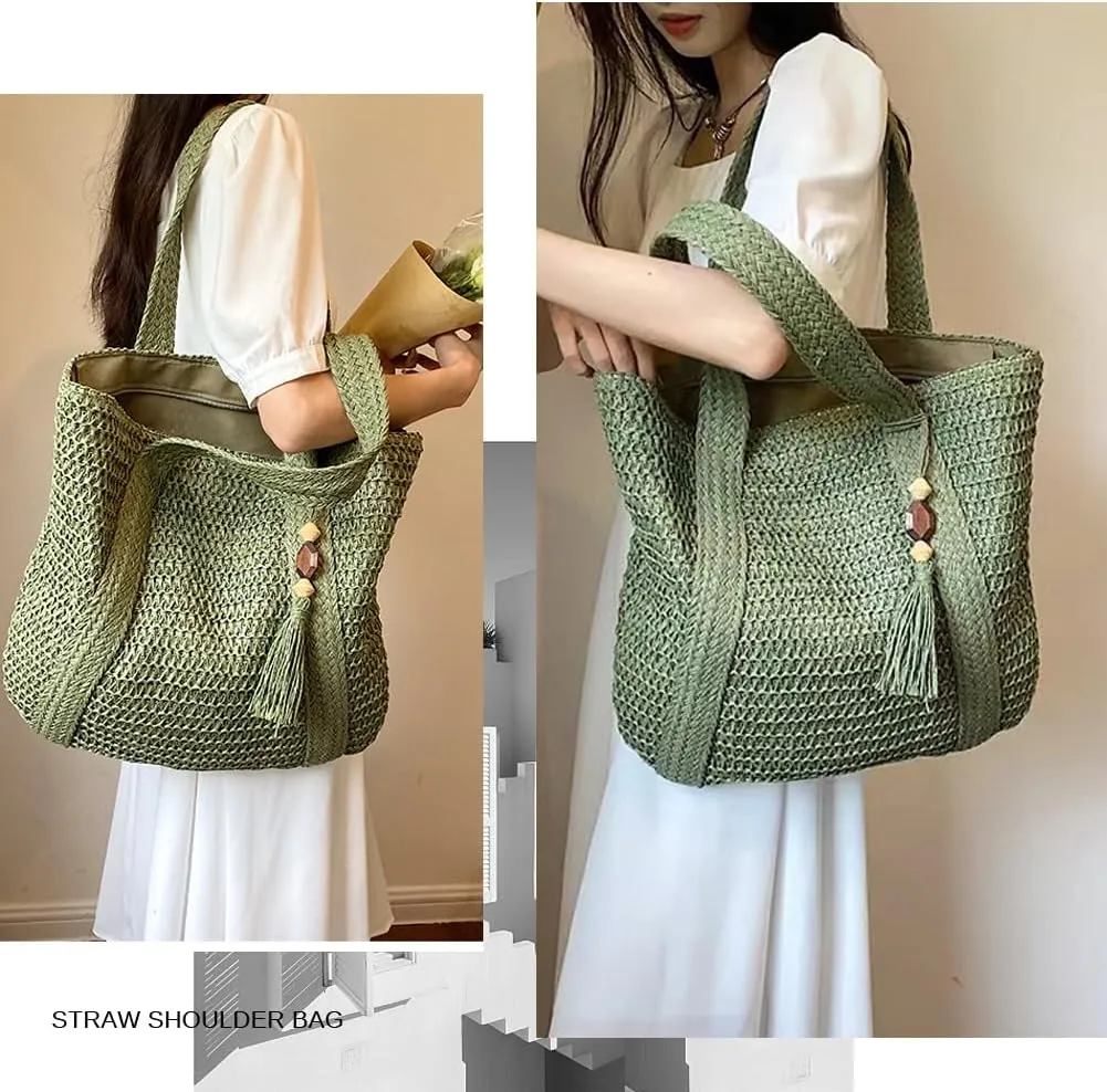 Straw Beach Bags for Women Woven Beach Tote Bag Casual Boho Large Shoulder Handbags Purse for Vacation Holiday