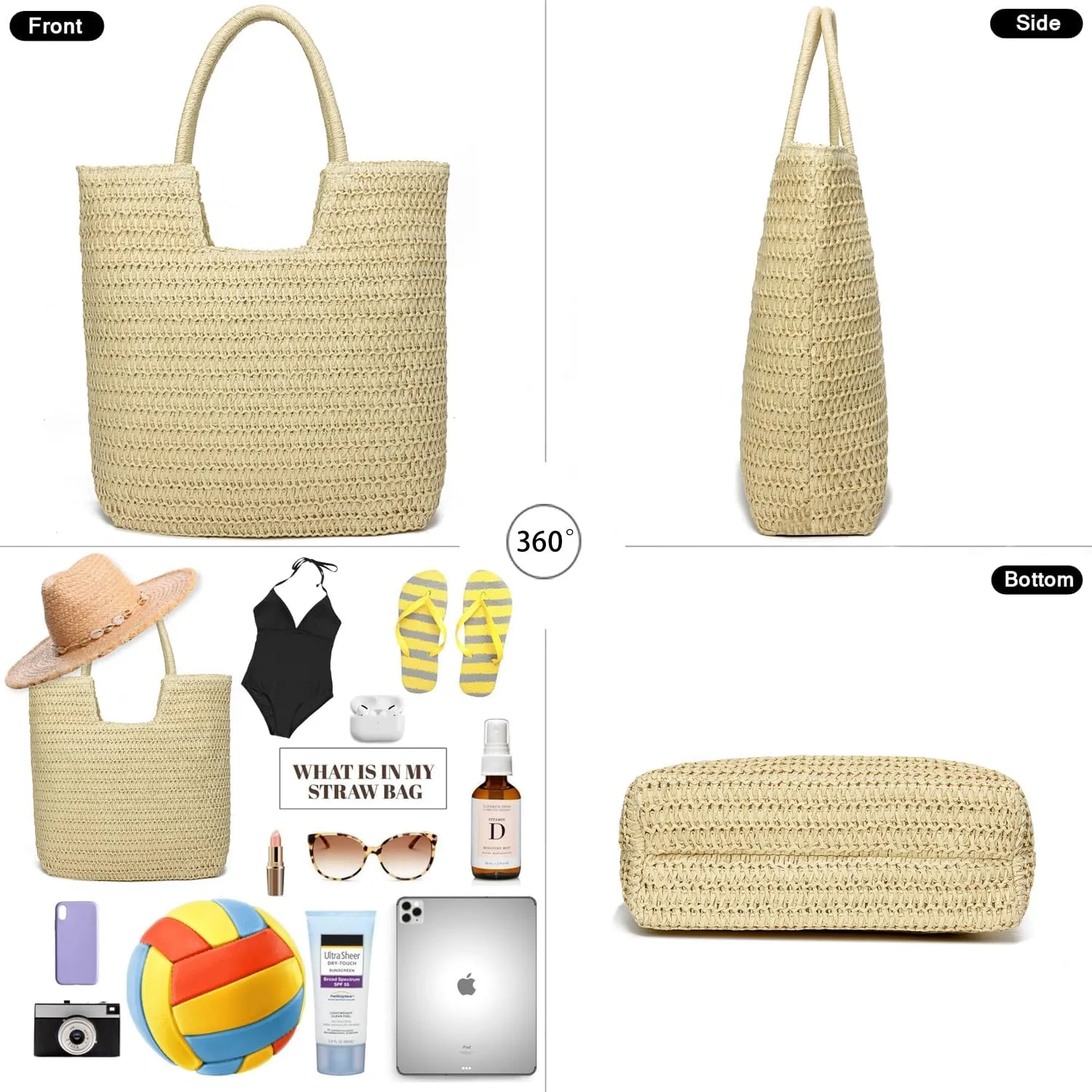 Straw Beach Bags for Women Woven Beach Tote Bag Casual Boho Large Shoulder Handbags Purse for Vacation Holiday