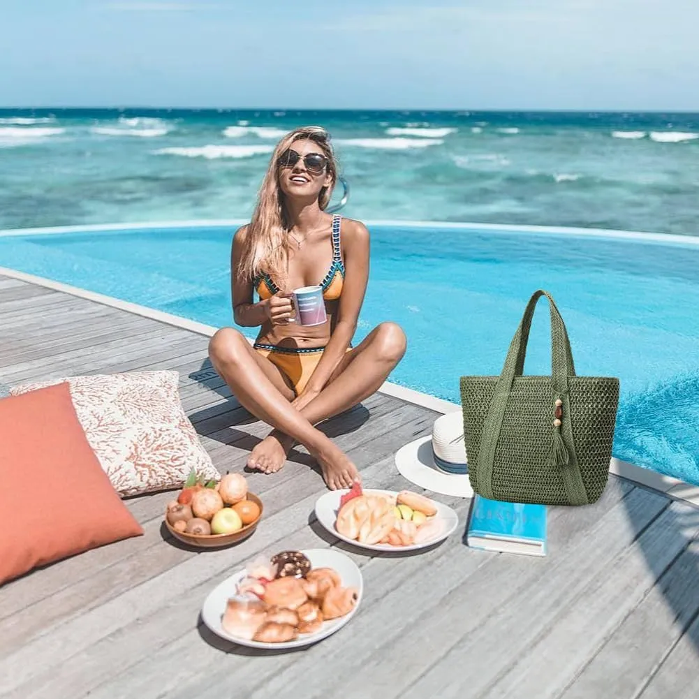 Straw Beach Bags for Women Woven Beach Tote Bag Casual Boho Large Shoulder Handbags Purse for Vacation Holiday
