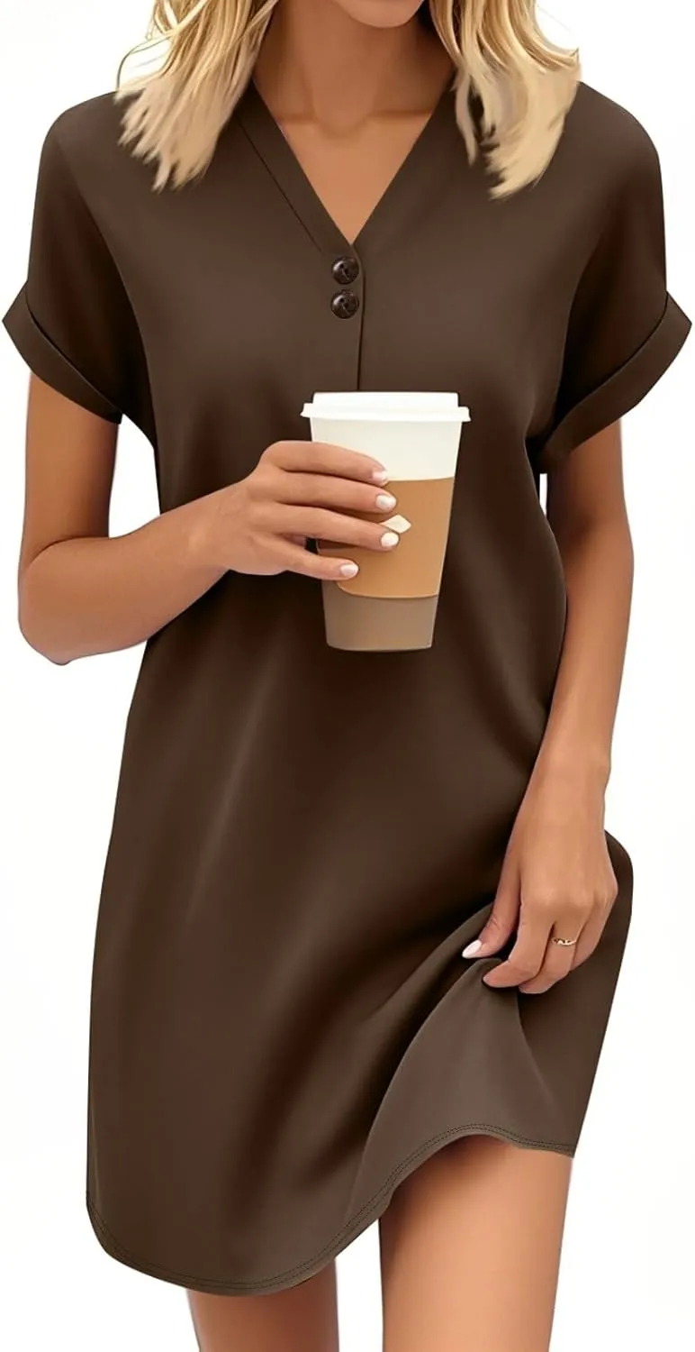 Summer Dresses for Women 2025 Short Sleeve V-Neck Buttons Boho Flattering Comfortable Vacation Plus Size Sundresses