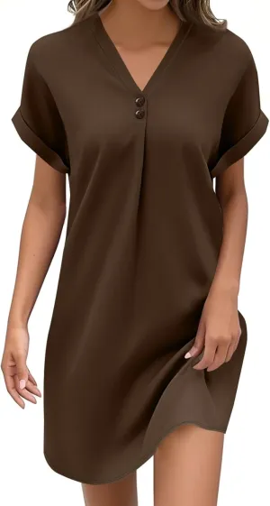 Summer Dresses for Women 2025 Short Sleeve V-Neck Buttons Boho Flattering Comfortable Vacation Plus Size Sundresses