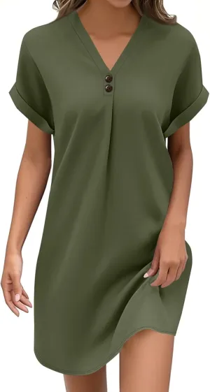 Summer Dresses for Women 2025 Short Sleeve V-Neck Buttons Boho Flattering Comfortable Vacation Plus Size Sundresses