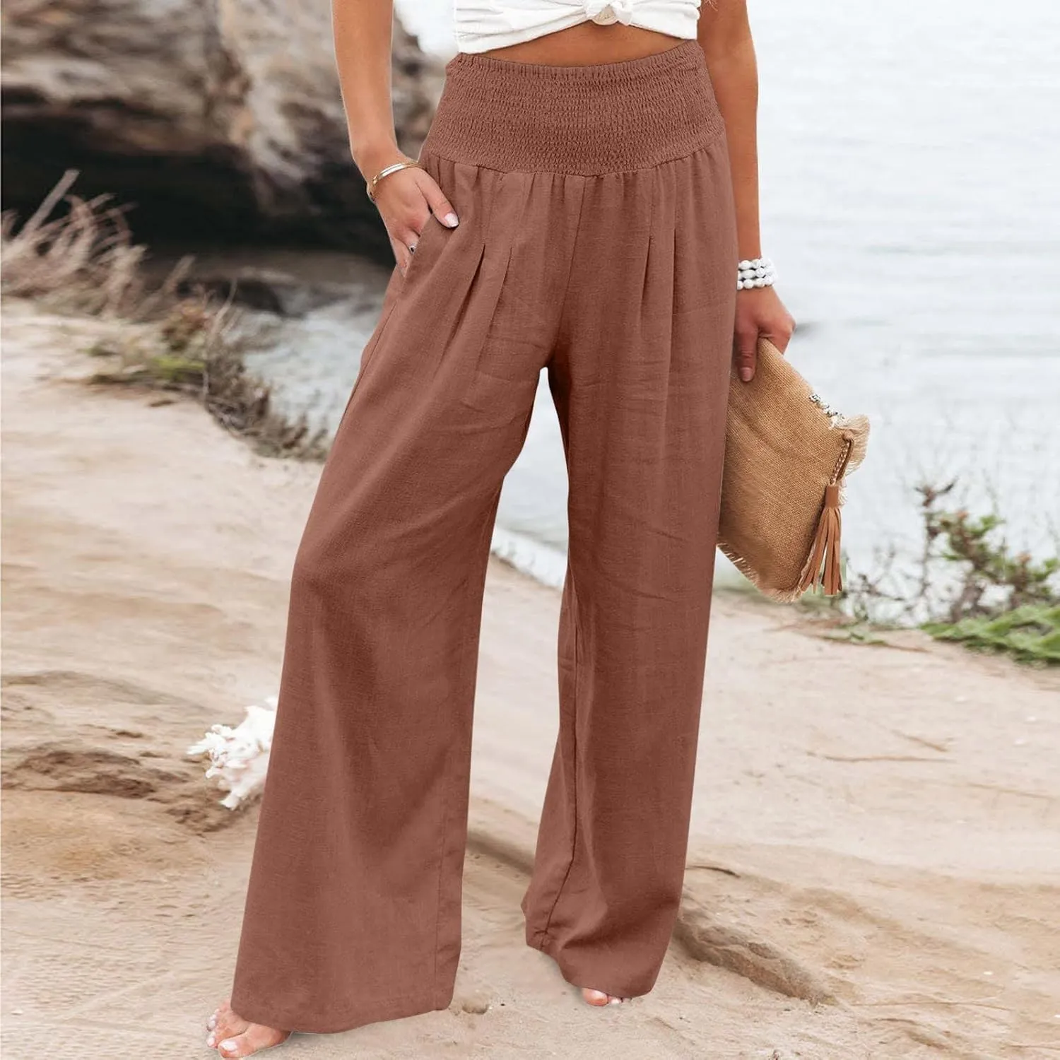TANGNADE Women Summer Smocked High Waisted Cotton Linen Palazzo Pants Plus Size Wide Leg Casual Loose Travel Gauze Trouser