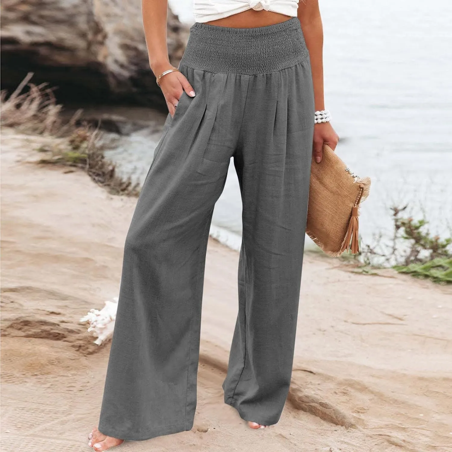 TANGNADE Women Summer Smocked High Waisted Cotton Linen Palazzo Pants Plus Size Wide Leg Casual Loose Travel Gauze Trouser