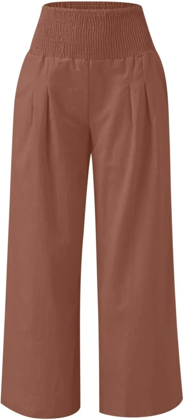 TANGNADE Women Summer Smocked High Waisted Cotton Linen Palazzo Pants Plus Size Wide Leg Casual Loose Travel Gauze Trouser