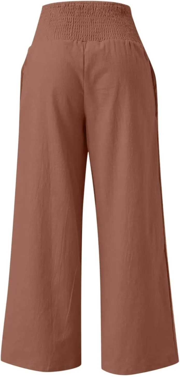 TANGNADE Women Summer Smocked High Waisted Cotton Linen Palazzo Pants Plus Size Wide Leg Casual Loose Travel Gauze Trouser