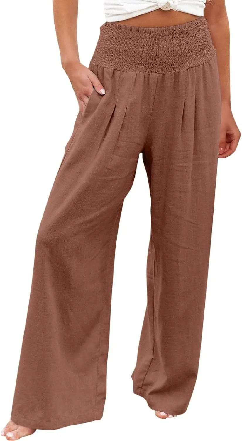 TANGNADE Women Summer Smocked High Waisted Cotton Linen Palazzo Pants Plus Size Wide Leg Casual Loose Travel Gauze Trouser
