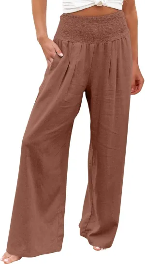 TANGNADE Women Summer Smocked High Waisted Cotton Linen Palazzo Pants Plus Size Wide Leg Casual Loose Travel Gauze Trouser