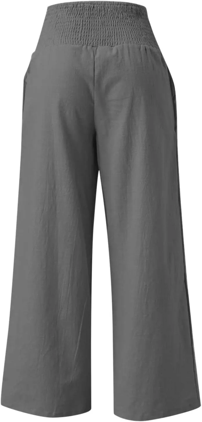 TANGNADE Women Summer Smocked High Waisted Cotton Linen Palazzo Pants Plus Size Wide Leg Casual Loose Travel Gauze Trouser