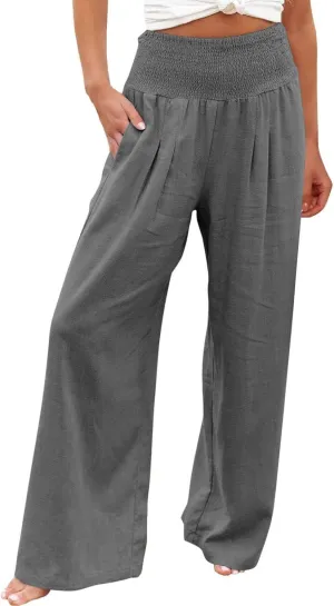 TANGNADE Women Summer Smocked High Waisted Cotton Linen Palazzo Pants Plus Size Wide Leg Casual Loose Travel Gauze Trouser