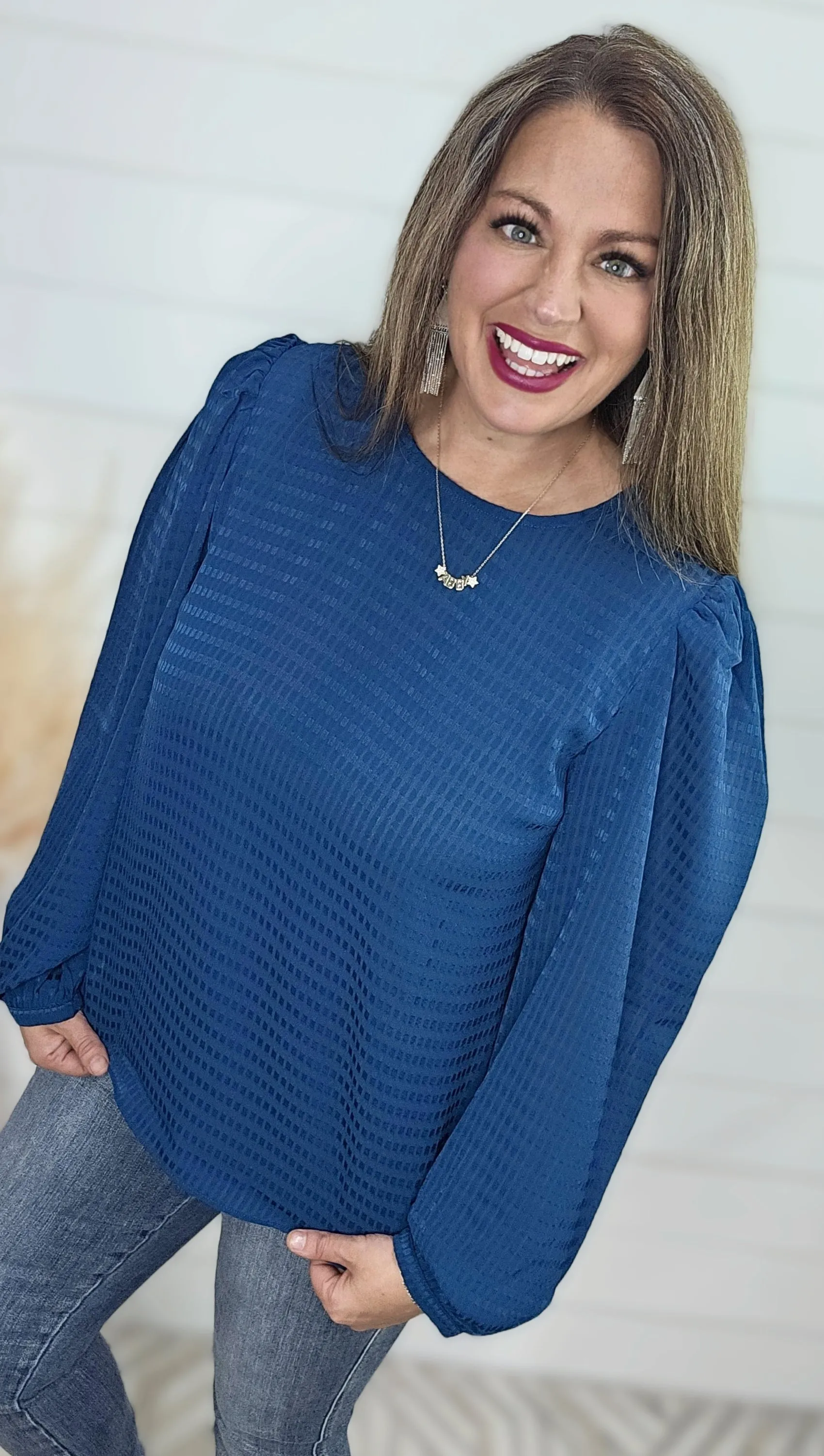 TEAL TEXTURED LONG SLEEVE WOVEN TOP