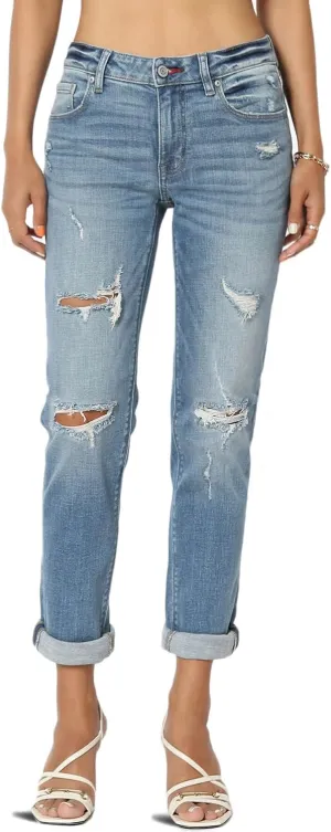 TheMogan Women's Distressed Destructed Washed Denim Mid~High Rise Relaxed Boyfriend Jeans