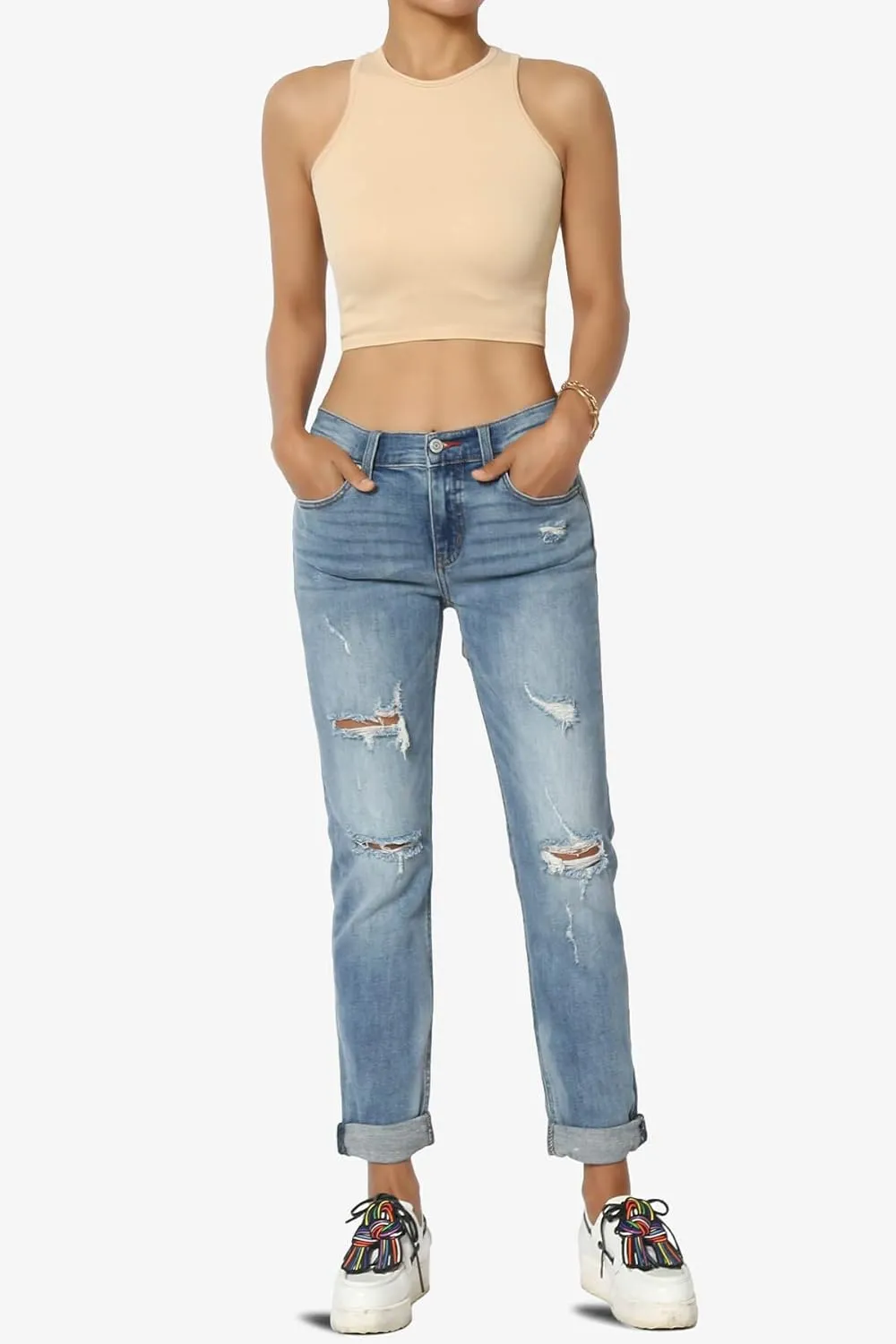TheMogan Women's Distressed Destructed Washed Denim Mid~High Rise Relaxed Boyfriend Jeans