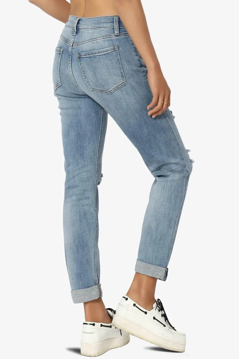 TheMogan Women's Distressed Destructed Washed Denim Mid~High Rise Relaxed Boyfriend Jeans