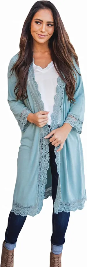 Tickled Teal Women's 3/4 Sleeve Lace Trim Casual Wrap Cardigan Coverup Outerwear Sweater