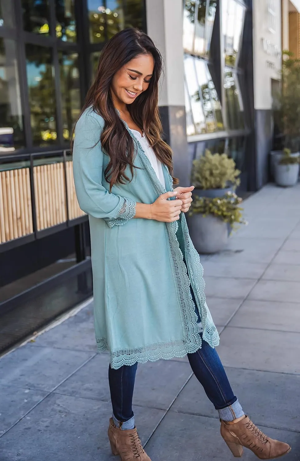 Tickled Teal Women's 3/4 Sleeve Lace Trim Casual Wrap Cardigan Coverup Outerwear Sweater
