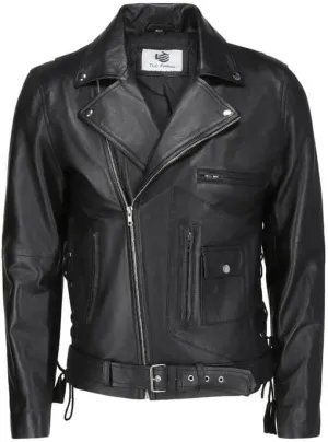 TLC leather biker jacket men - Black men's biker jacket with Notch Lapel Collar and Zipper Cuff