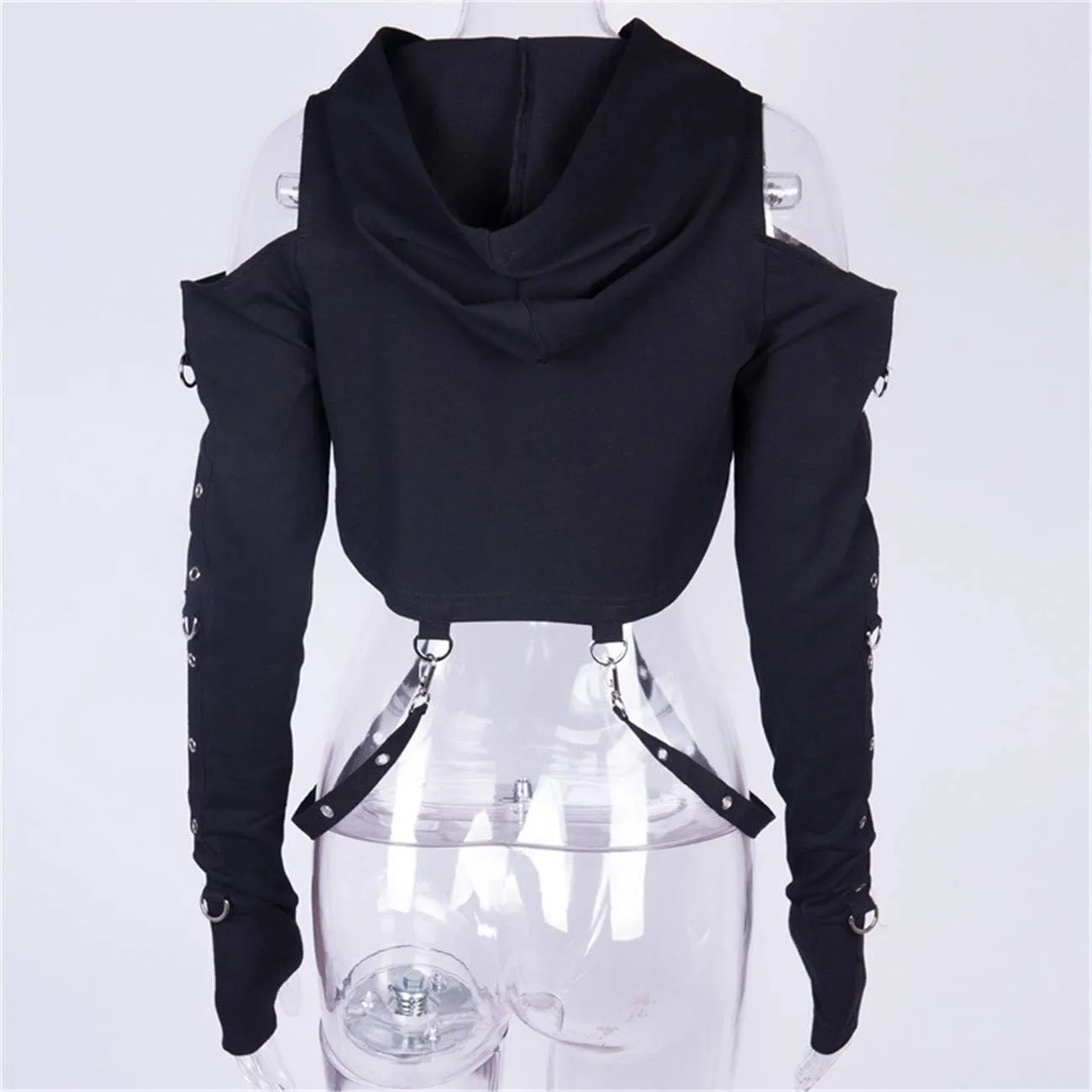TOMETO STAR Women Gothic Punk Hoodies Bandage Crop Tops Long Sleeve Pullover Sweatshirt for Rave Festivals Streetwear