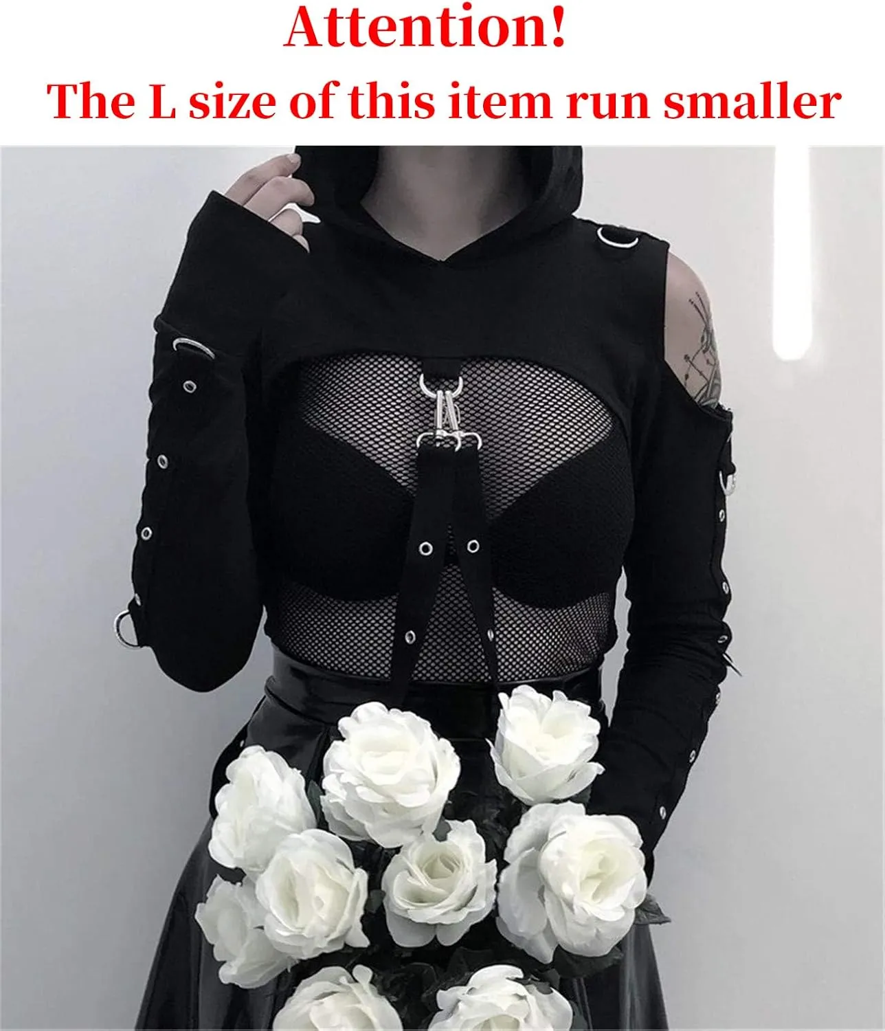 TOMETO STAR Women Gothic Punk Hoodies Bandage Crop Tops Long Sleeve Pullover Sweatshirt for Rave Festivals Streetwear