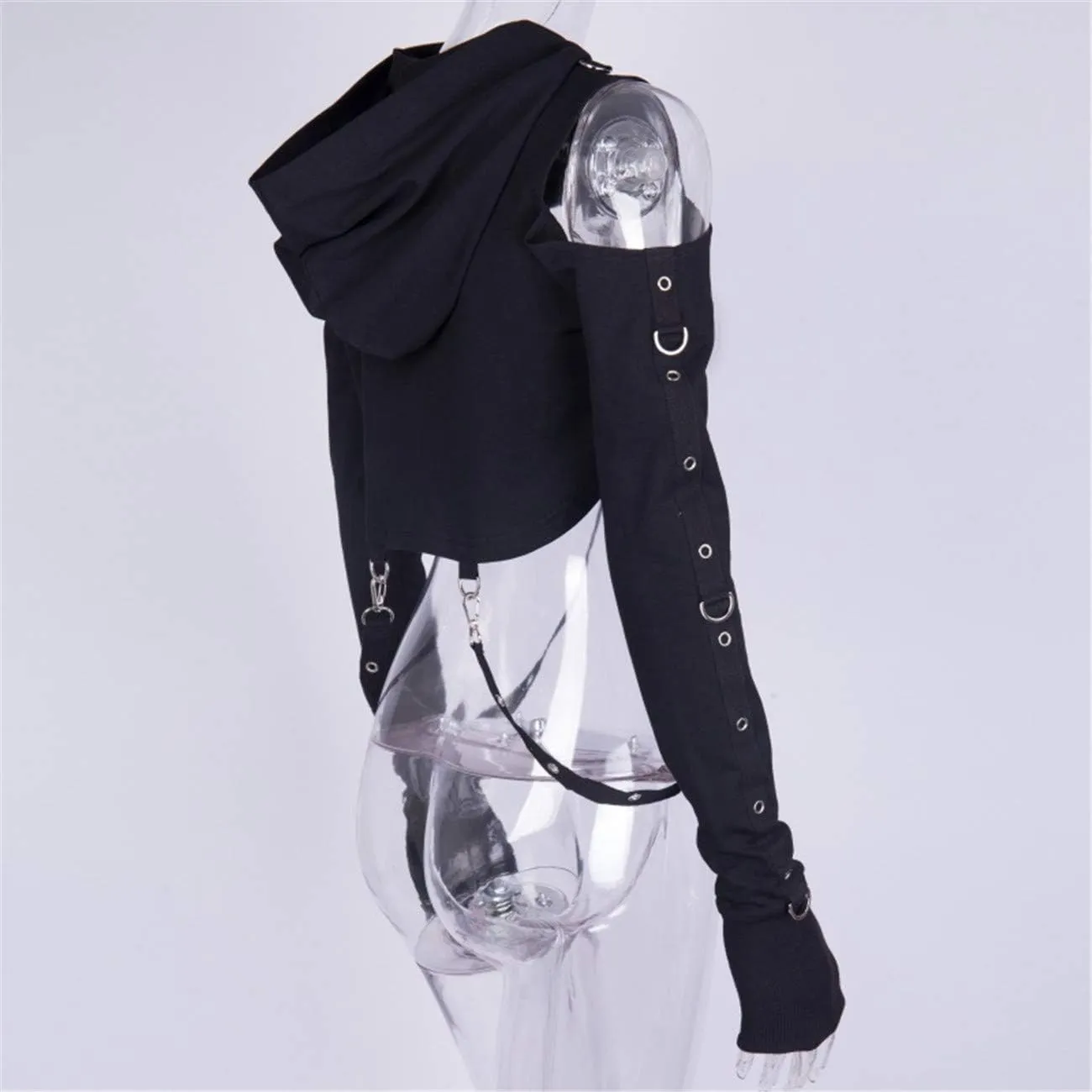TOMETO STAR Women Gothic Punk Hoodies Bandage Crop Tops Long Sleeve Pullover Sweatshirt for Rave Festivals Streetwear