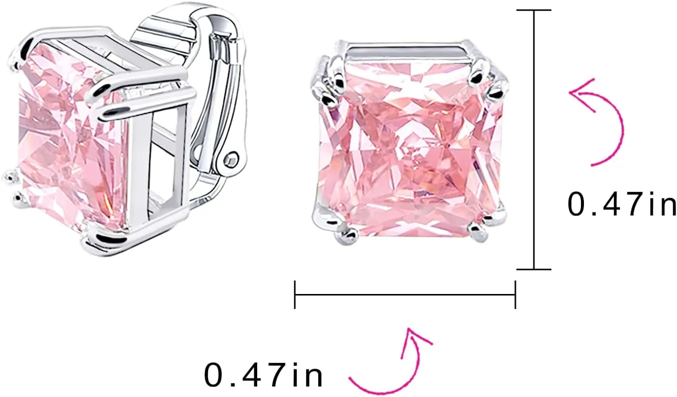 Traditional Classic Large Statement 5CT Square Princess Cut AAA CZ Solitaire Clip On Stud Earrings For Women Silver Plated Non Pierced Simulated Gemstone Jewel Colors 12MM