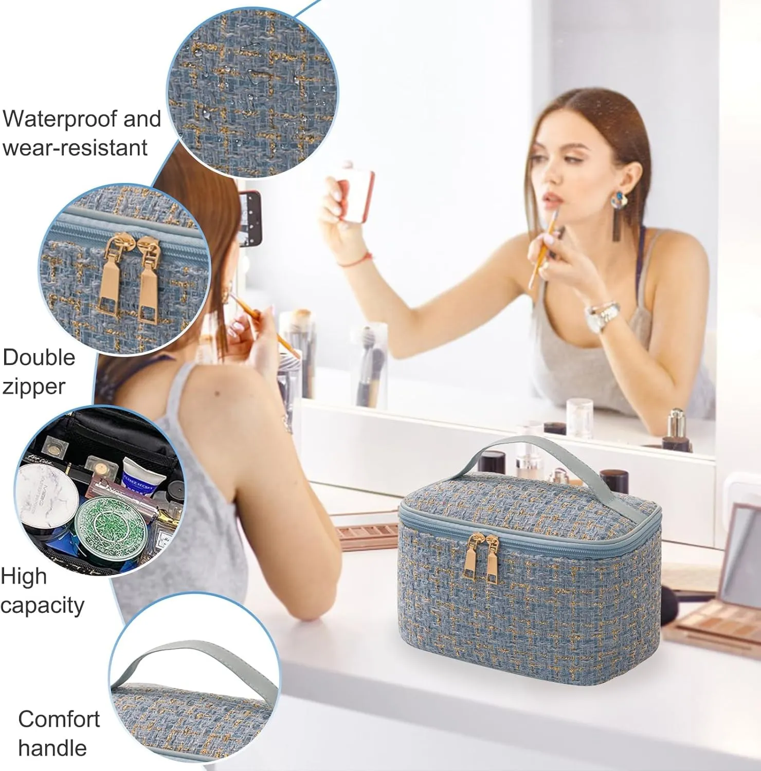Travel Makeup Bag,High Capacity Toiletries Travel Bag,Waterproof And Wear-Resistant Portable Cosmetic Organizer,With Comfortable Handle,Suitable for Ladies And Girls (Blue)