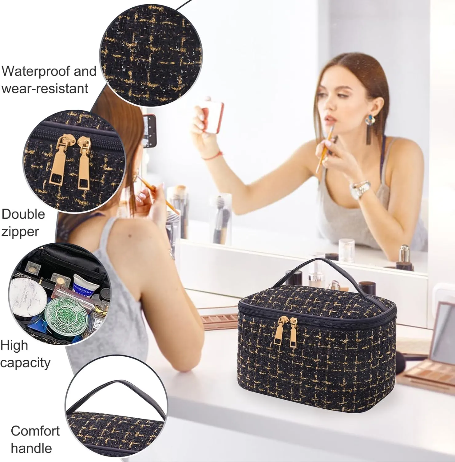 Travel Makeup Bag,High Capacity Toiletries Travel Bag,Waterproof And Wear-Resistant Portable Cosmetic Organizer,With Comfortable Handle,Suitable for Ladies And Girls (Navy Blue)