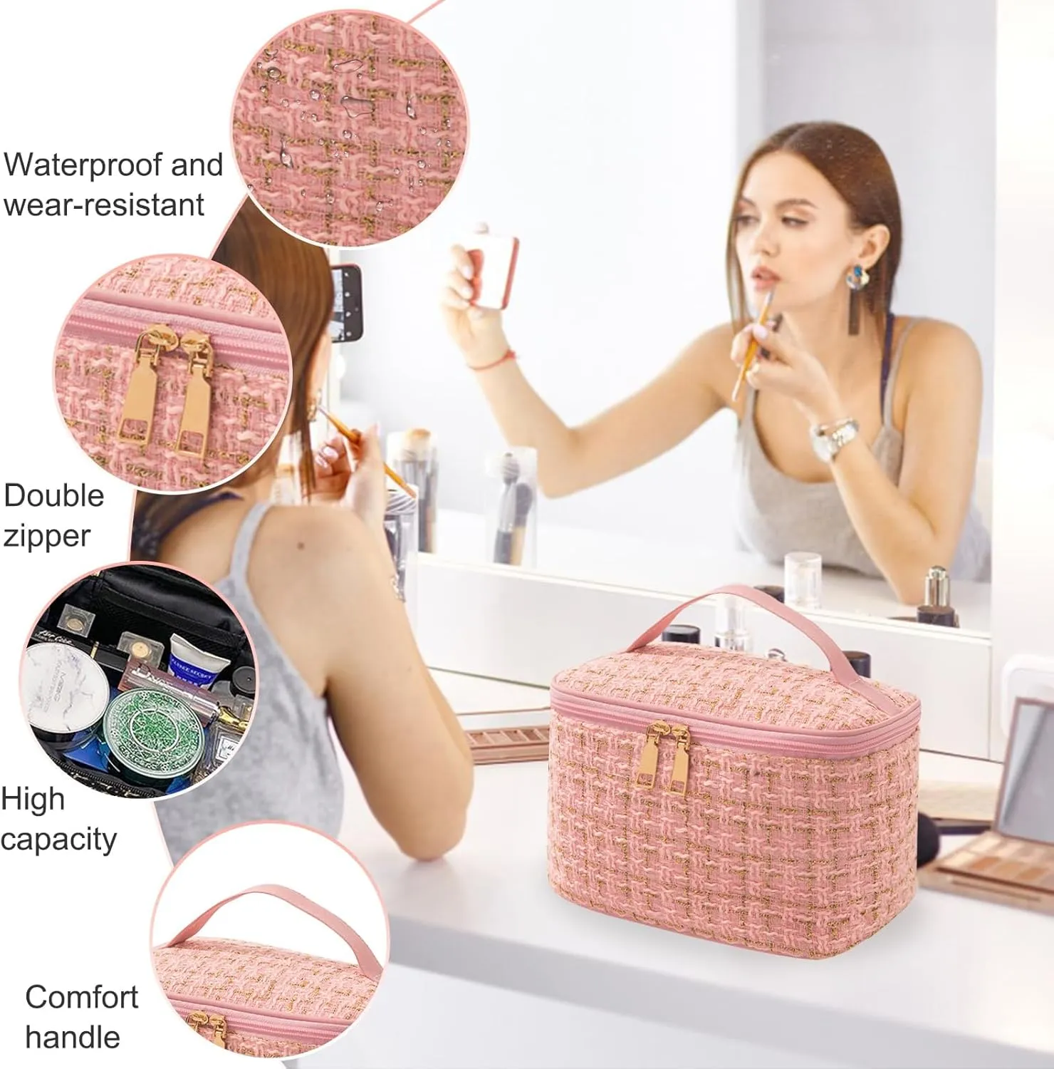 Travel Makeup Bag,High Capacity Toiletries Travel Bag,Waterproof And Wear-Resistant Portable Cosmetic Organizer,With Comfortable Handle,Suitable for Ladies And Girls (Pink)