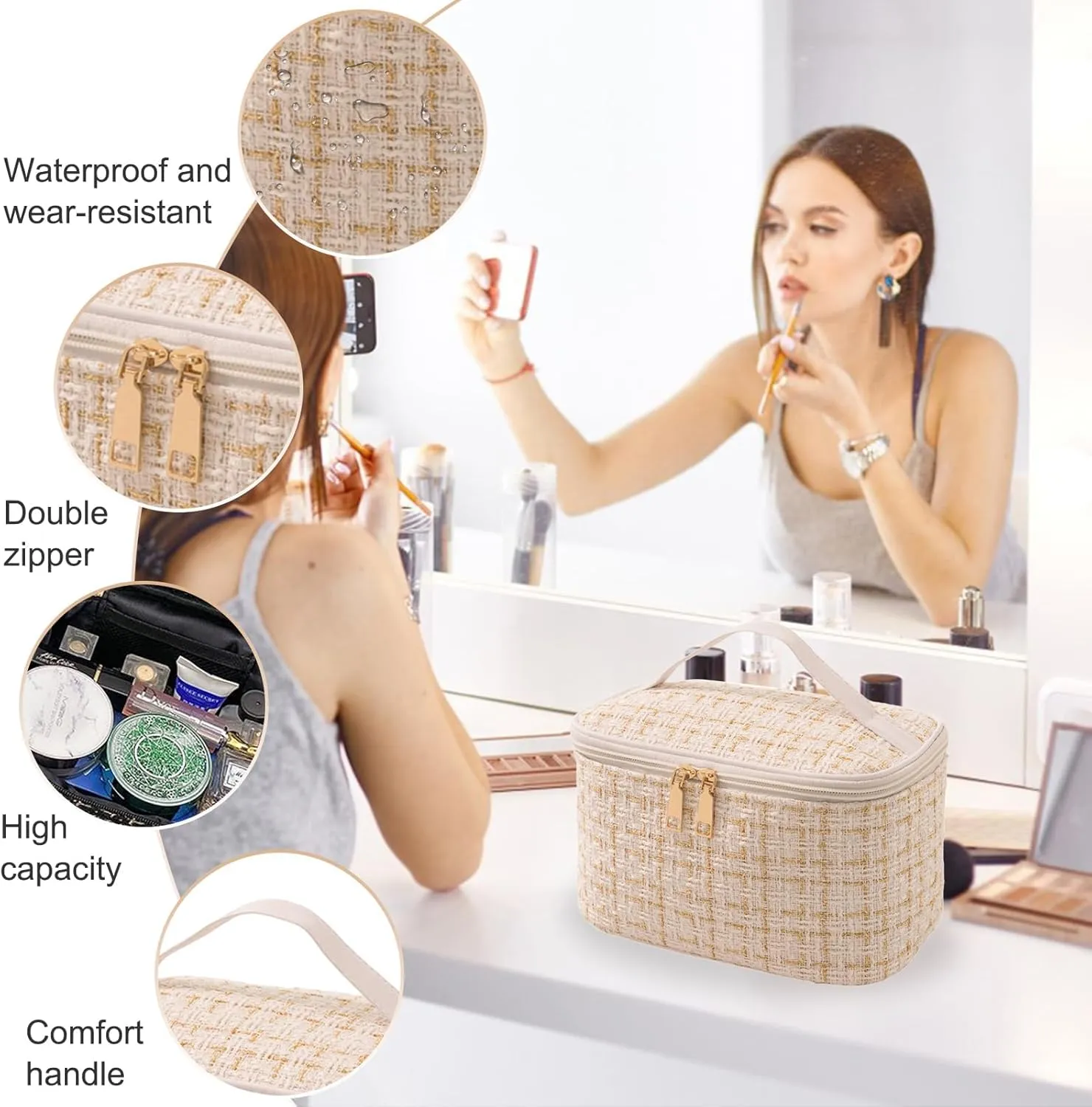 Travel Makeup Bag,High Capacity Toiletries Travel Bag,Waterproof And Wear-Resistant Portable Cosmetic Organizer,With Comfortable Handle,Suitable for Ladies And Girls (White)