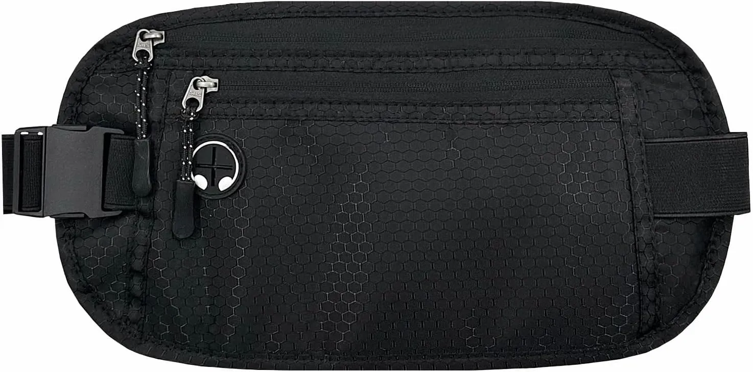 Travel Money Belt: Waist Pack for Running and Cycling, RFID, Comfortable, Durable and Lightweight Hidden Travel Passport Wallets.(Black)