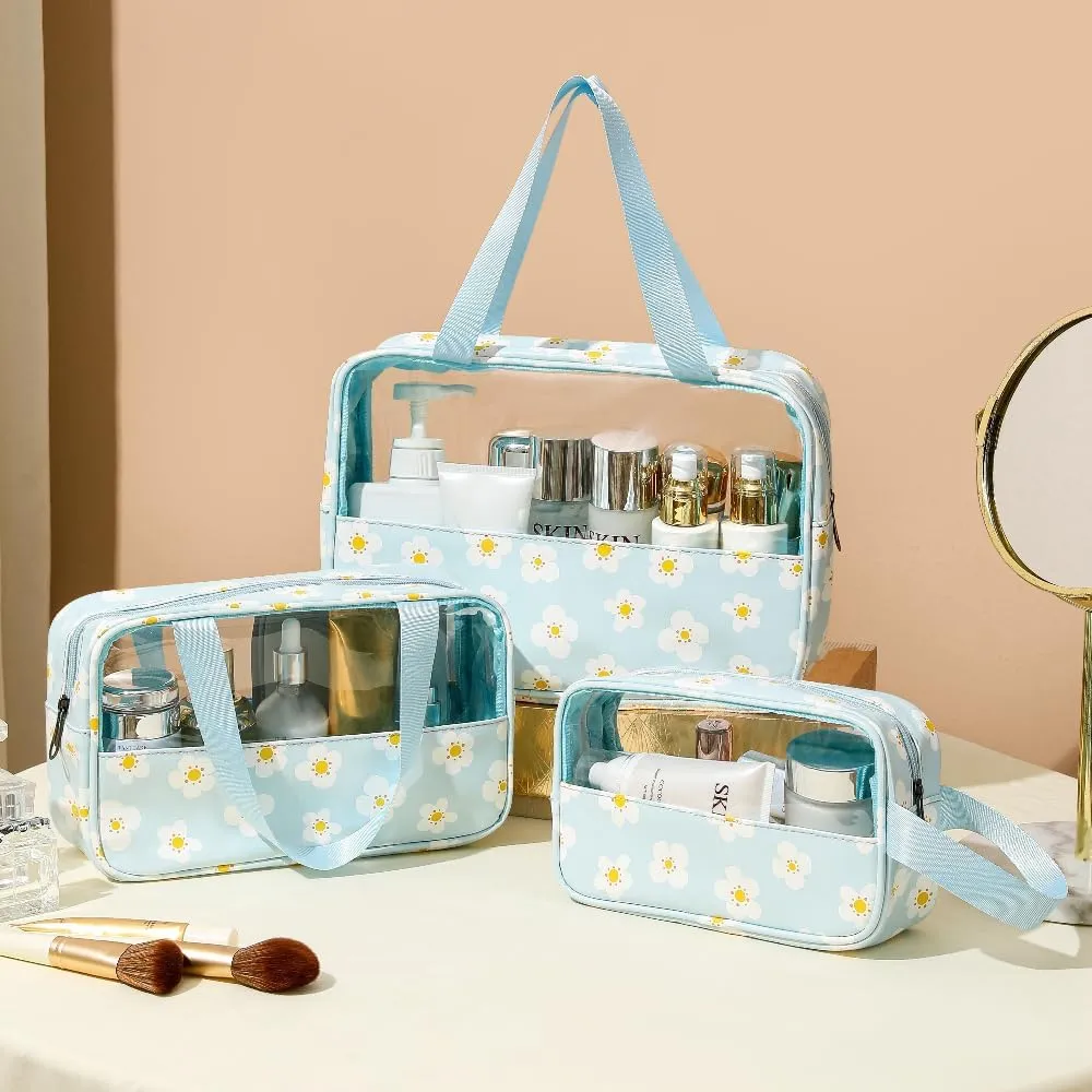 Travel Toiletry Bag, 3 Piece Waterproof Makeup Bag Set, Floral Pattern Cosmetic Organizer Bag with Handle, Spacious Makeup Bag with Clear Window (Light Blue, Floral)